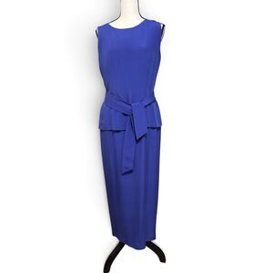 Vintage YL by Yair 100% Silk Royal Blue Maxi Dress Sz 10P Belted Peplum Waist